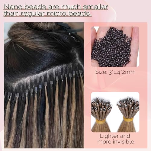 SEGO Nano Bead Hair Extensions Human Hair, 1g/Stand, 50g/pack, Add Volume, Length, and Highlights, Nano Nano Ring Tip Hair Extensions for Women, 16 Inch, Light Brown