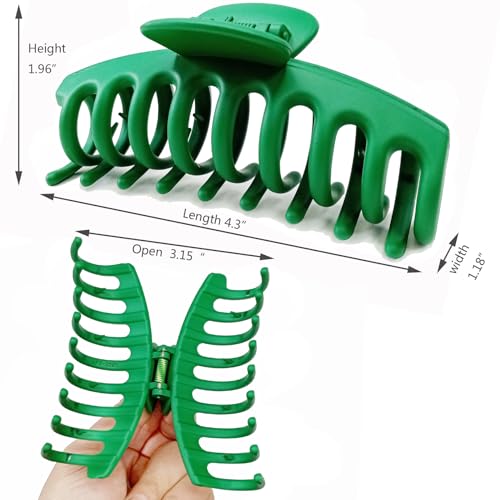 Solid Green Large Hair Claw Clips for Thick/Fine/Thin Hair,Strong holding teeth interlocking Women Jaw Clips for Hair 3 Count In set green hair clips for patrick's day (Green)
