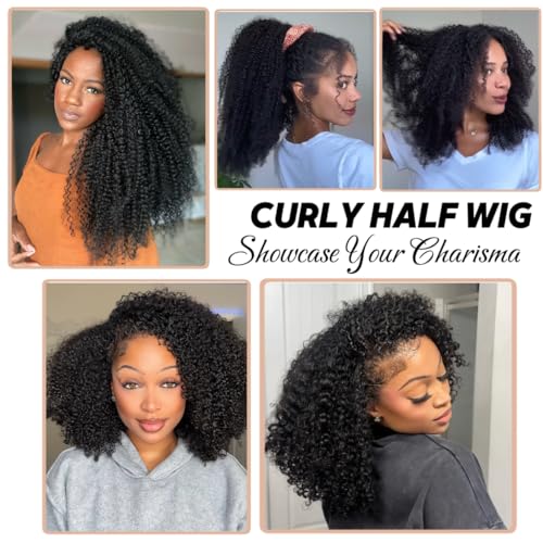 Kinky Curly Half Wig Human Hair 3 in 1 Glueless Wear And Go Human Hair Half Wigs For Women Seamless Flip Over Drawstring Headband Wig 180% Density Beginner Friendly 1B 26inch