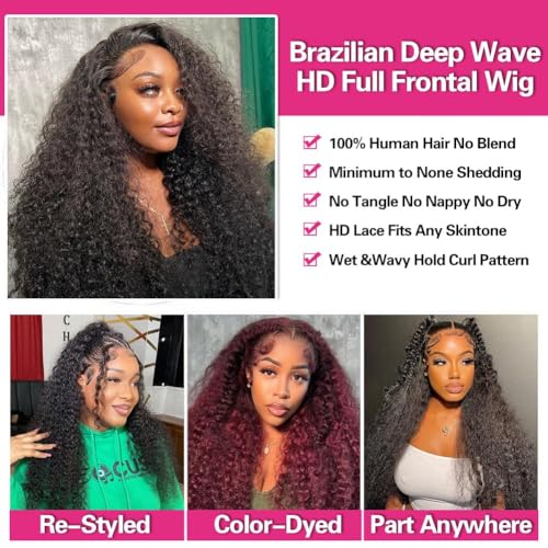 XVE 30 Inch Deep Wave Lace Front Wig Human Hair 13x4 Lace Front Wigs Human Hair Pre Plucked 200% Density Transparent Lace Frontal Curly Wigs For Women Glueless Wig Natural Black