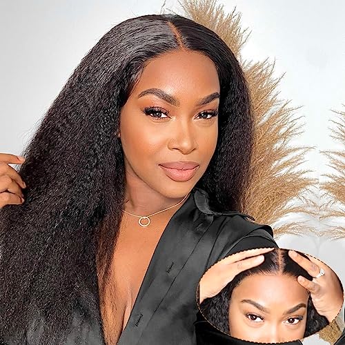 Domiso 22 Inch Wear and Go Glueless Wig Kinky Straight Lace Pre Cut 7x5 Lace Front Wigs Human Hair for Women Glueless Wig with Elastic Band Natural Hairline 200% Density Yaki Hair Natural Black