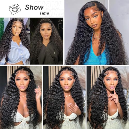 Deep Wave Lace Front Wigs Human Hair Deep Wave Wig 200% Density Curly Glueless Lace Front Wig Human Hair 13x4 HD Lace Frontal Wigs Wigs for Black Women Pre Plucked 18 Inch