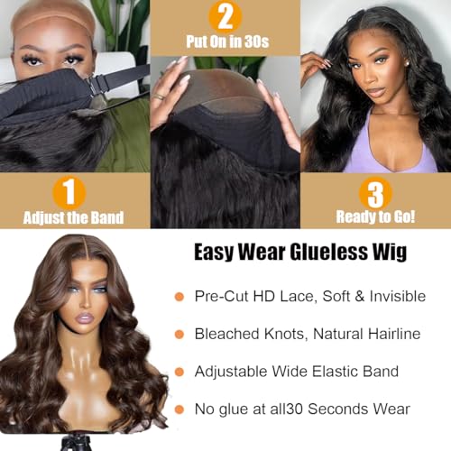 32 Inch Chocolate Brown Body Wave Glueless Wig Human Hair Pre Plucked Pre Cut Glueless Lace Front Wig Ready to Wear 6x4 Body Wave 180% Density Closure Wig Natural Hairline #4 Colored Wig