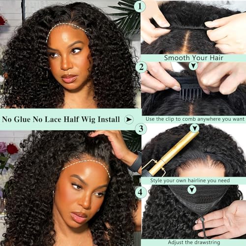 Canaryfly Burmese Curly Half Wigs for Women,3 In 1 Seamless Curly Human Hair Flip Over Half Wigs with Drawstring And Spiral End,200% Density Wear And Go Glueless Headband Wig,Beginner Friendly(26inch)