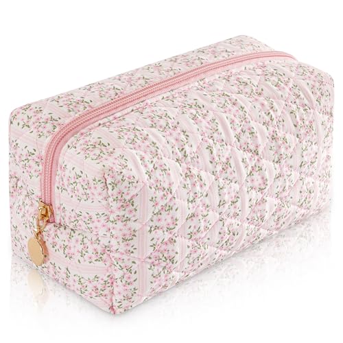 Makeup Bag Travel Toiletry Bag for Women, Small Cosmetic Bags Cute Quilted Cotton Makeup Pouch for Purse Emergency Bag for School Floral Pencil Case Accessory Bag, Pastel Pink