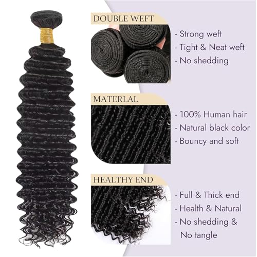 Deep Wave Bundles with Closure 16 18 20+14 Inch 4x4 HD Lace Closure, 13A Human Hair Bundles, Wet and Wavy 100% Brazilian Virgin Deep Curly 3 Bundles Human Hair Quick Weave Bundle for Women