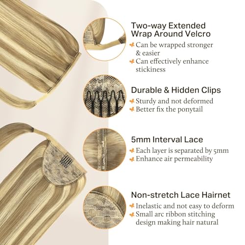 DOORES Human Hair Extensions Ponytail Extension Balayage Light Blonde Highlighted Golden Blonde 20 Inch 90g Clip in Hair Extensions Wrap Around Clip in Straight Ponytail Hair Piece with Magic Paste