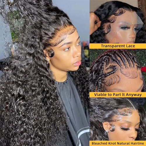 WINOW Deep Wave Lace Front Wigs Human Hair Pre Plucked 180% Density HD Transparent 13x4 Lace Frontal Wigs For Women Human Hair Lace Front Wigs Deep Curly Lace Front Wig (34 INCH)