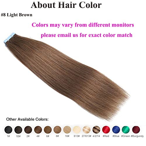 Amella Hair Tape in Hair Extensions Human Hair 12 inches 40g/pack 20pcs Straight Seamless Skin Weft Jet Black Tape Hair Extensions (12 inches #8 Light Brown)