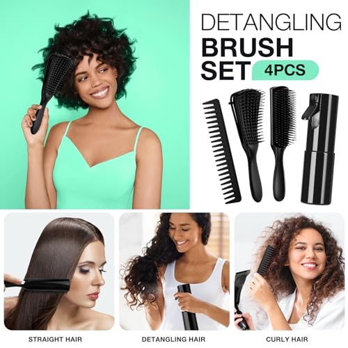 Hommtina 4pcs Detangling Brush Set Getting Shine and Makes Hair Smooth, Curly Hair Brush for Adult & Kids Wet or Dry Hair (3 PCS, Black+Black)