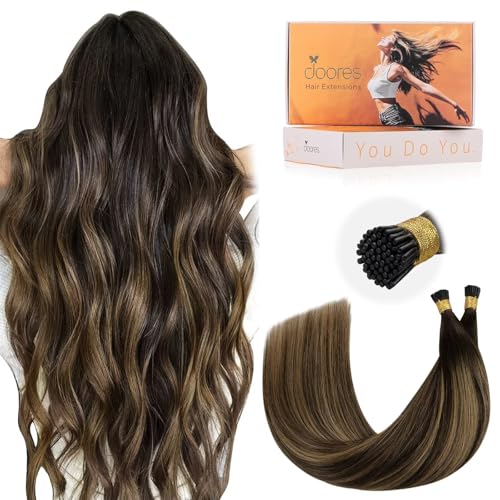 DOORES Itip Remy Hair Extensions,24 Inch 100g 100s Itip Human Hair Extensions,Balayage Dark Brown to Chestnut Brown I Tip Hair Extensions Cold Fusion Hair Extensions Natural Smooth Hair