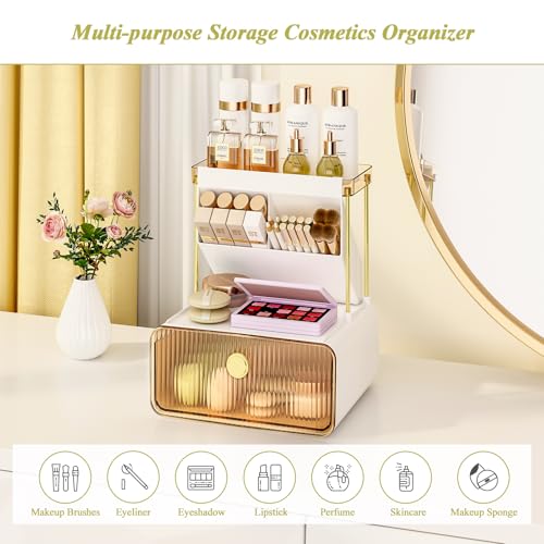 FOLLOWIN 3 Tiers Makeup Organizer with Drawer,Cosmetic Display with Lipsticks Brush Holder,Cosmetics and Beauty Supplies Organizers for Vanity,Dresser,Bathroom Desktop Countertop Organizer,Amber