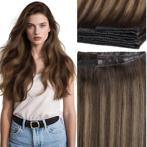 Lacer 20 Inch Brown Double Invisible OVO Remy Hair Extensions Butterfly Weft Human Hair Chestnut Brown Mixed Dark Brown With Dark Brown Roots Sew In Hair Extensions Glueless 100G 31.5"