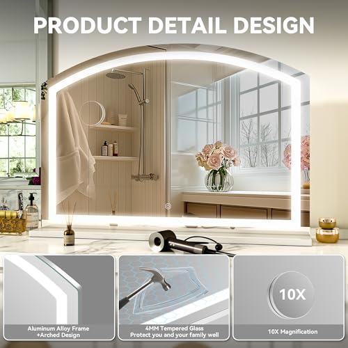 Hasipu Arch Vanity Mirror with Light, 36" x 24" Arched Led Makeup Mirror with 10X Magnification, Tabletop Desk Mirror, Dimmable 3 Colors Mode