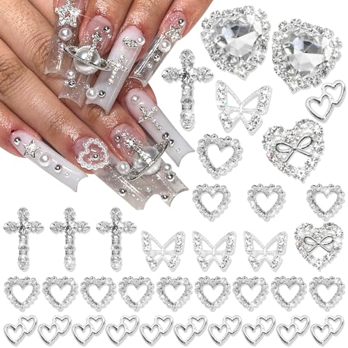 42PCS Silver Nail Charms Crystal Heart Nail Charms 3D Alloy Cross Nail Charms Metal Butterfly Charms Nail Gems Rhinestones for Women Nail Art and DIY Crafts, Small