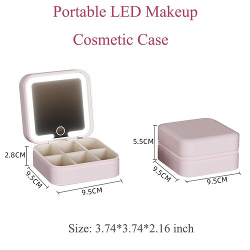 KEMISSY Small Travel LED Makeup Mirror Case Cosmetic Train Case Makeup Organizerwith 3 Adjustable Color Light Settings for Women (Pink)