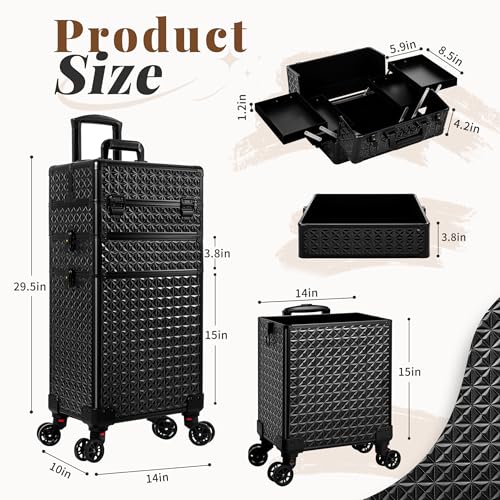 3 in 1 Rolling Makeup Train Case Professional Large Cosmetic Trolley Cosmetology Case on Wheels Traveling Cart Trunk for Hairstylist Artist Nail Beauty Salon Barber, Black