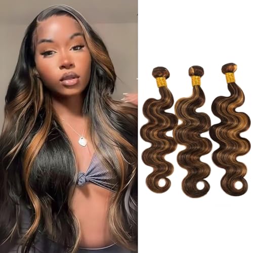 BQRIH 12A Brown Highlight Body Wave Bundles Human Hair 20 22 24 In Brazilian Virgin Wavy Weaves F1B/30 Black and Honey Blonde Ombre 3 Bundles Soft Balayage Colored Human Hair Extensions For Women Remy