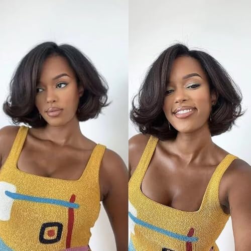 Curly Bay Hair Short Bob Yaki Side Part Layered Wavy Kinky Straight Short Bob Wig 12 Inch 180 Density Transparent HD Lace Front Wig Human Hair Pixie Cut Wig Pre Plucked with Kinky Edges