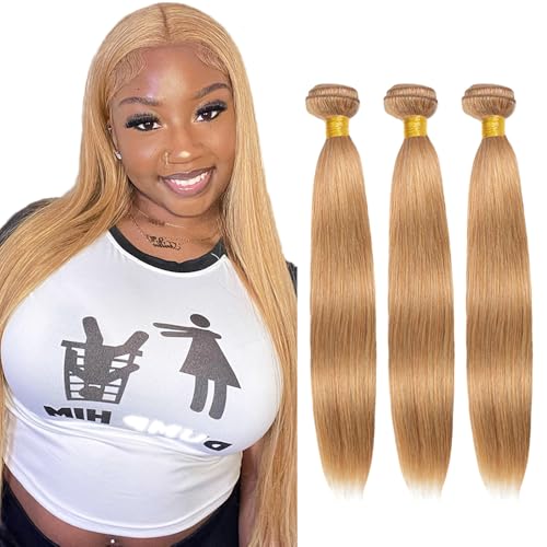#27 Honey Blonde Bundles Human Hair Straight Bundles 22 24 26 Inch Unprocessed Brazilian Virgin Hair Weave Blonde Human Hair Extensions 3 Bundle 50 Grams Per Bundle For Woman