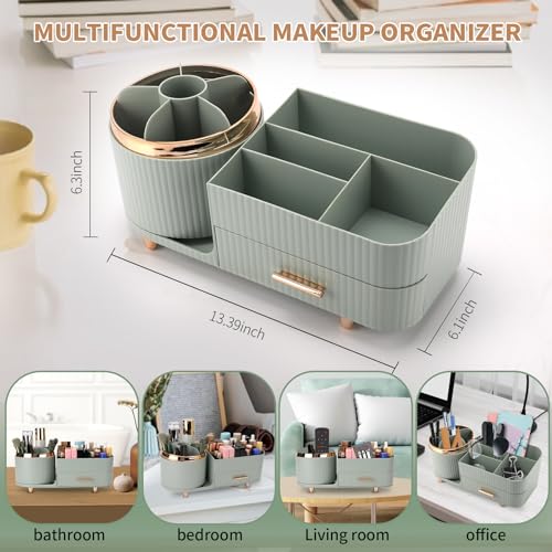 Makeup Organizer for Vanity, Cosmetic Display Case with Drawers, Fits Makeup, Skincare Products, Brushes, Lipsticks, and Other Accessories, Versatile Storage Solution (Green)