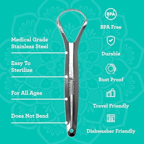 GuruNanda Tongue Scraper for Adults (2 Pack) with Travel Case, 420 Medical-Grade 100% Stainless Steel Tongue Cleaner, Aids in Fresh Breath & Oral Care