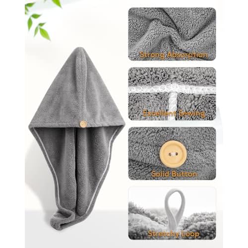 YFONG 3 Pack Hair Drying Towels, Hair Towel with Button, Super Absorbent Microfiber Hair Towel for Curly Hair, Fast Drying Hair Wraps for Women Girls, Microfiber Towel for Hair