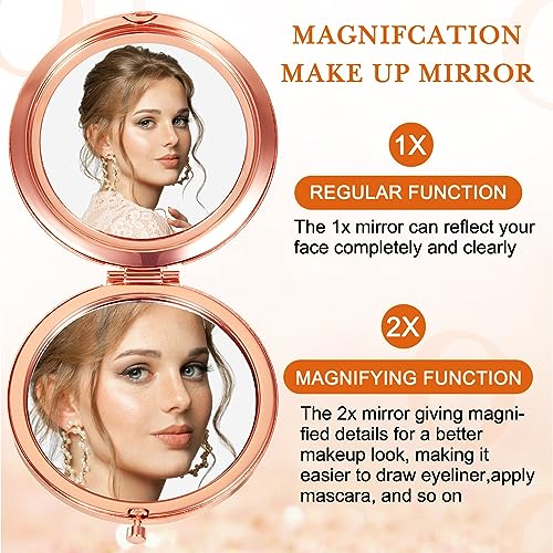Cindeer 20 Pcs Small Compact Mirror Folding Pocket Makeup Round Hand Held Cosmetic Magnifying Compact Rhinestone Mirror with 1X/2X Magnification for Women Girls Travel (Gold Style)