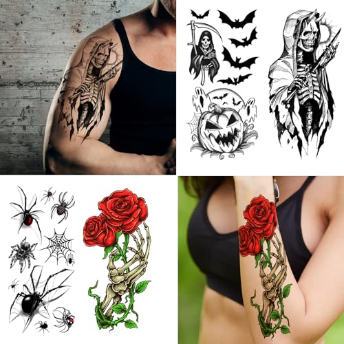 52 Sheets Black Halloween Temporary Tattoos for Kids Men Women, Include 10 Sheets Large Half Arm Sleeve Fake Tattoos, 200+ PCS Spider Snake Tiger Lion Skull Bat Vampire Scar Halloween Tattoos