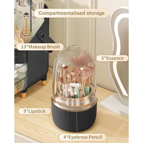 Makeup Brush Holder 360 Rotating, [Upgrade & with Cover] Makeup Brush Organizer for Vanity Countertop Bathroom (Black)