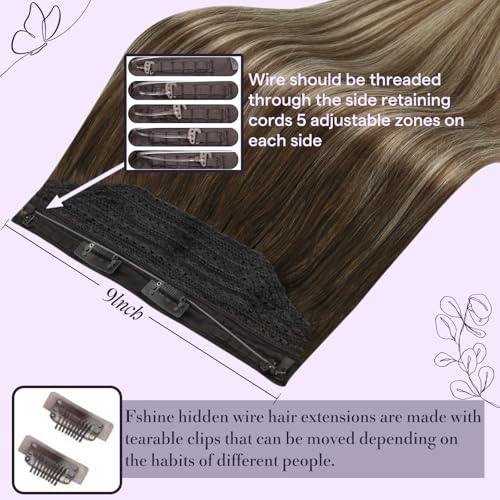 Fshine Invisible Wire Hair Extensions Real Human Hair Balayage Dark Brown to Walnut Brown Mix Honey Blonde 18 Inch Hidden Wire Hair Extensions Fish Line Hairpiece 120G