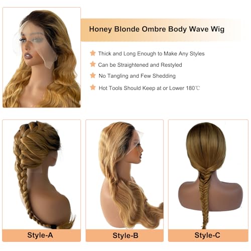 13x4 Ombre HD Transparent Lace Front Wigs Human hair Pre Plucked Brazilian Body Wave Frontal Wigs Remy Human Hair with Baby Hair Natural Hairline,1b/27 32Inch