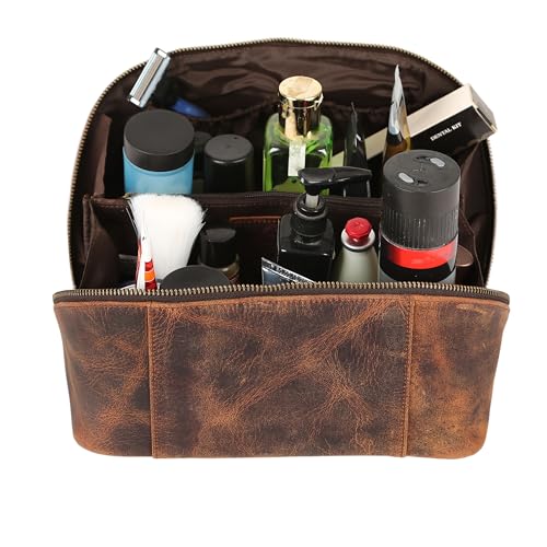 KomalC Luxury Leather Men¡¯s Toiletry Travel Bag ? Handmade Shaving Kit with Waterproof Interior, Spacious Storage & Carry Handle ? leather travel Kit Bag for Men & Women