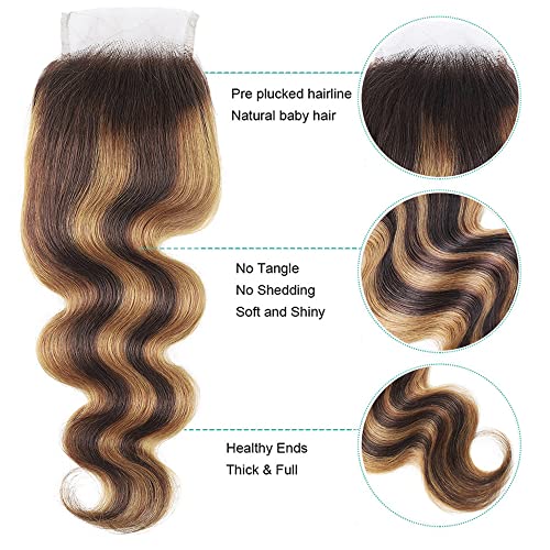 4/27 Lace Closure Human Hair Pre Plucked With Baby Hair Body Wave Brown To Honey Blonde Two Tone 4X4 Free Part Bleached Knots Brazilian Virgin Closure Human Hair 20 Inch