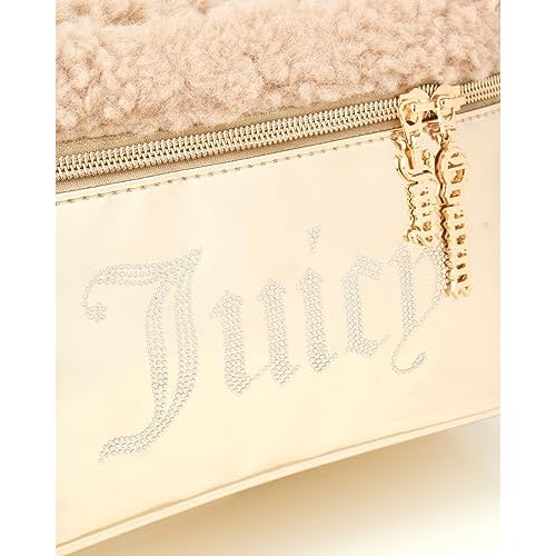 Juicy Couture Gold Makeup Bag Cosmetics Organizer Travel Essentials Train Case Shiny Rhinestones Faux Shearling