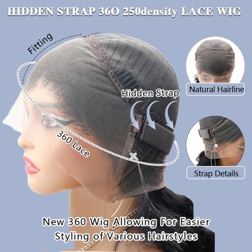 Hidden Strap 360 Lace Front Wigs Human Hair 250% Density Straight Human Hair Wigs for Bkack Women 360 Full Lace Wigs Human Hair with Drawstring 9A Natural Hairline (Natural Black, 20Inch)