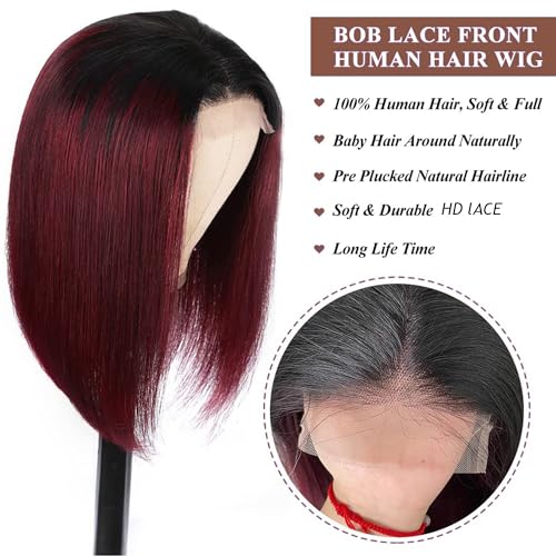 Blunt Cut Human Hair Straight #1B/99J burgundy 13X6 HD Transparent Lace Front Wig with Baby Hair 100% Virgin Glueless Brazilian Remy 150% Density for Black Women 12 Inch