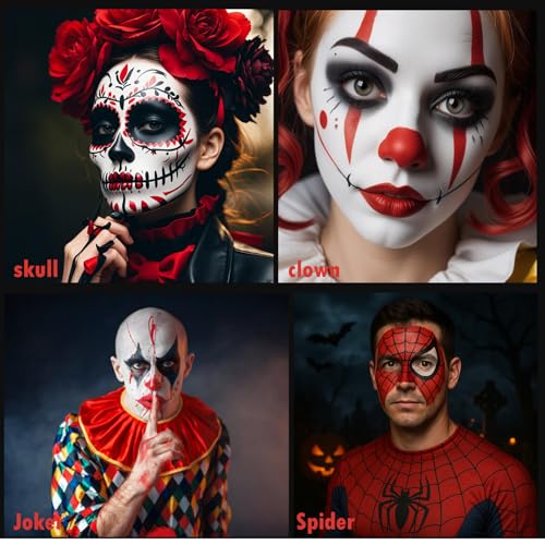 Black White Red Face Body Paint 1.01 oz/pc with 3 Sponges,Water Based Face Paint Kit for Clown Joker Devil Vampire Skeleton Cosplay Makeup,Halloween SFX Makeup Cream Face Painting,3.03 oz