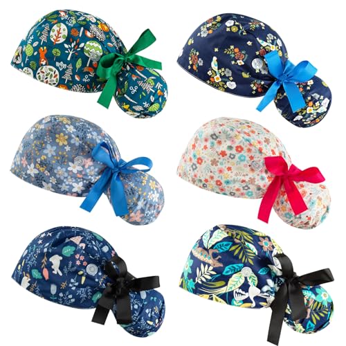 Scrub Caps Women Bouffant Scrub Hats Caps Nurses, Adjustable Working Cap Ponytail Pouch Tie Back Hats