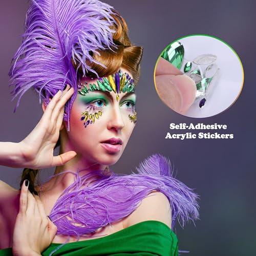 Wehhbtye 4 Set Mardi Gras Face Jewels Stickers, Self-Adhesive Mardi Gras Eye Gems Sticker, Glitter Face Crystals Decoration for Women Party Costume Cosplay Makeup Dress-up Decor