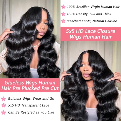 32 Inch Glueless Wigs Human Hair Pre Plucked Pre Cut 180% Density 5x5 HD Lace Closure Wigs Human Hair Body Wave Lace Front Glueless Wear and Go Human Hair Wigs for Women