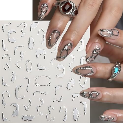 6 Sheets Lines Nail Art Stickers Decals Silver Stripe Line Nail Decals 3D Self-Adhesive Abstract Marble Wave Nail Design Holographic Irregular Line Nails Supplies Nail Accessories for Women Nail Decor