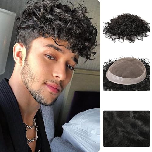 Zakya Hair System for Men Curly Real Human Hair 20mm Curly Mens Toupee 6 * 8in Hair System Replacement Toupee for Men