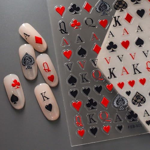 Poker Nail Stickers for Nail Art Palying Card Nail Decals Hearts Spades Clubs Diamonds Stickers for Nails Designs 3D Self Adhesive Nail Supplies & Decorations for Women Girls 1 Sheet