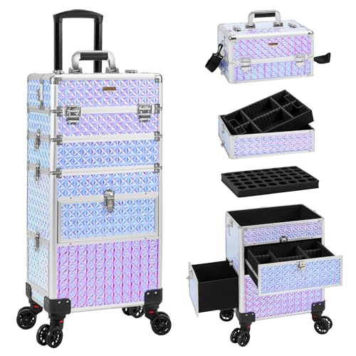 4 in 1 Rolling Makeup Case with Drawers, Multi-functional Cosmetic Trolley with Wheels and Keys, Large Storage Traveling Cart Trunk for Nail Technicians, Makeup Artist and Hairstylist, Silver