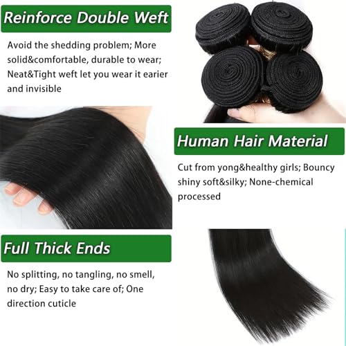 12A 22 24 26 28 Inch 4 Straight Bundles 100% Unprocessed Brazilian Virgin Human Hair Extensions Sew In Quick Weave Raw Billion Glossy Hair Bundles for Women Natural Black Color