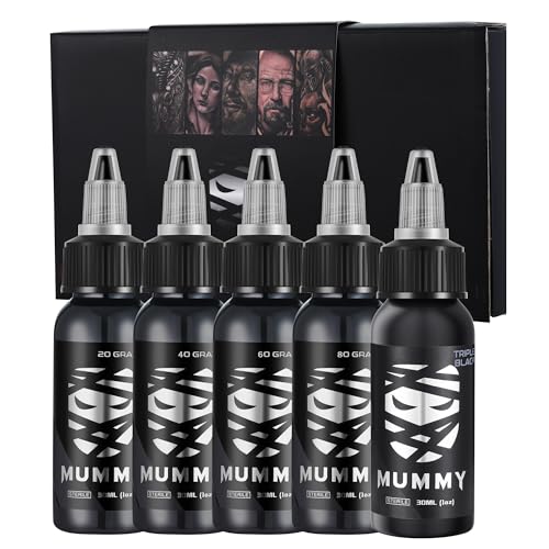 Mummy Greywash Tattoo Ink Set - 5 Bottles (1 oz Each) Includes: 20, 40, 60 Greywash, Triple Black