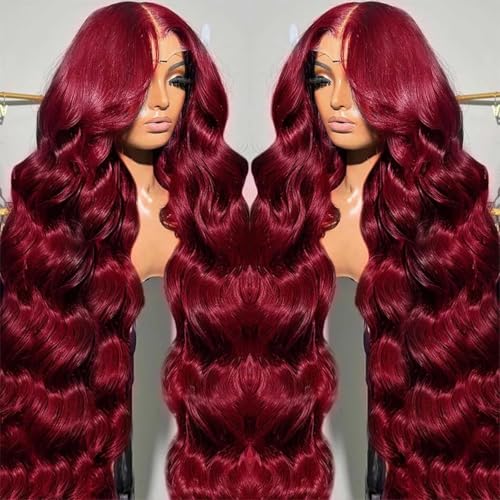 Gemlong 30 Inch 99J Burgundy Lace Front Wigs Human Hair Body Wave 13x4 HD Transparent Pre Plucked Glueless Lace Frontal Wig Human Hair 200% Density Red Wine Colored Human Hair Wigs for Women
