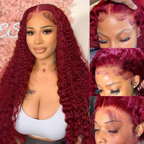 250% Density 99J Burgundy 13x6 Deep Wave HD Lace Front Wigs Human Hair for Women Glueless Burgundy Deep Curly Lace Frontal Wigs Brazilian Virgin Human Hair Wigs Pre Plucked with Baby Hair(#99j,22Inch)