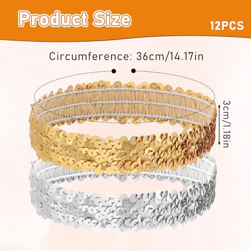 Silver and Gold Sequin Headbands, 12 Pack Sparkle Disco Elastic Glitter Head Bands for Girls Hair, Sparkly Fashion Headbands for Women Girls Dance Party